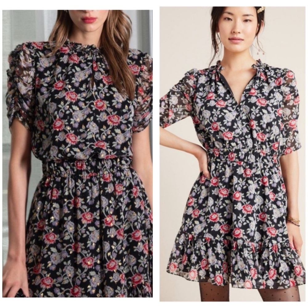 Shoshanna / Jodelle Black Floral Ruffled Mini Dress, Size 4